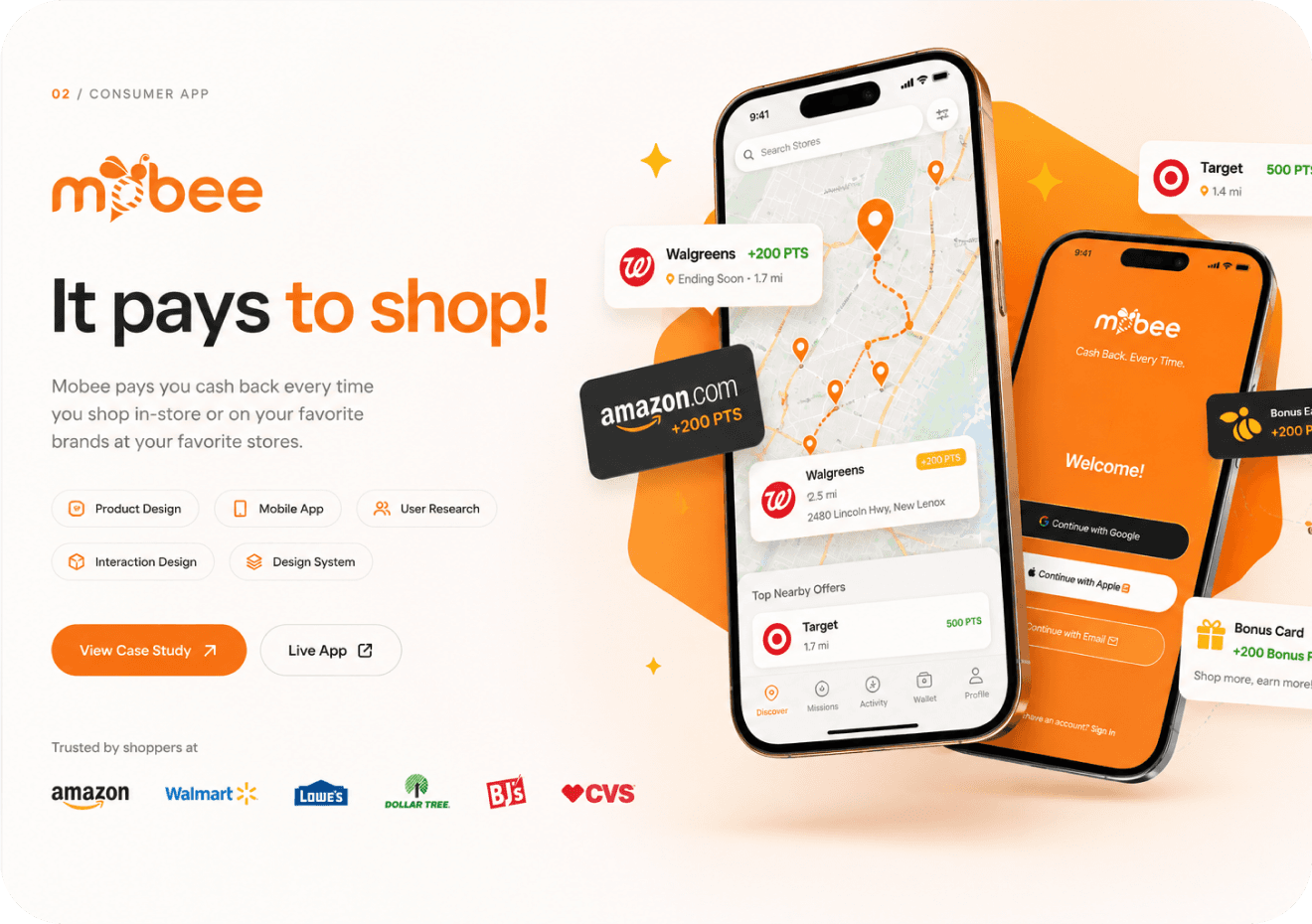 Mobee consumer app — cashback shopping screens with location-based offers
