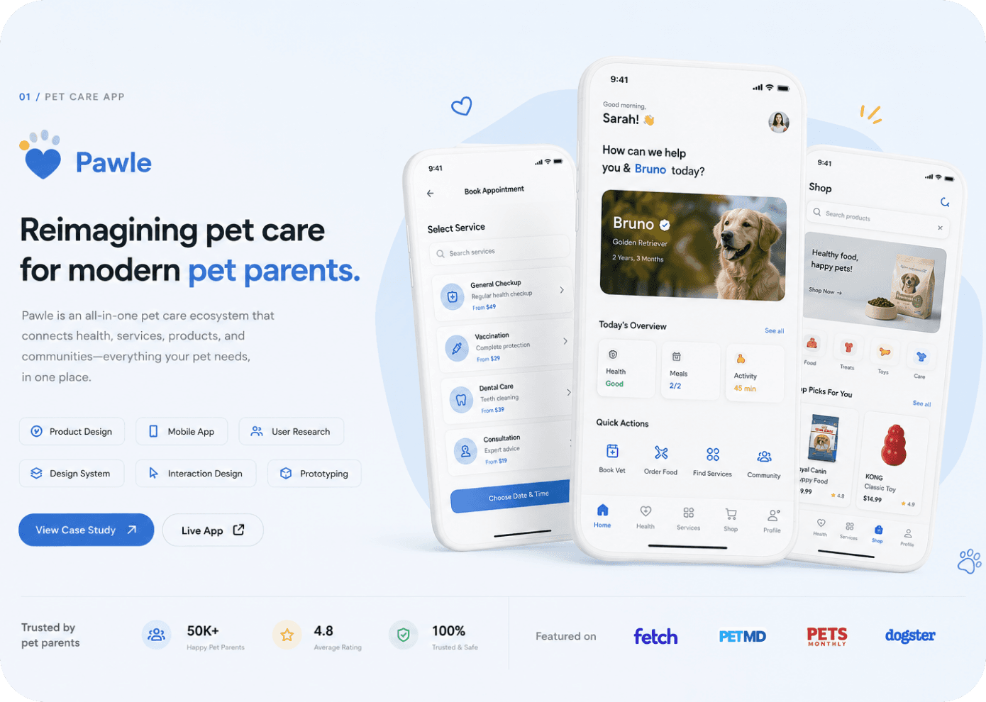 Pawle pet care app — mobile screens for booking, health tracking, and shopping