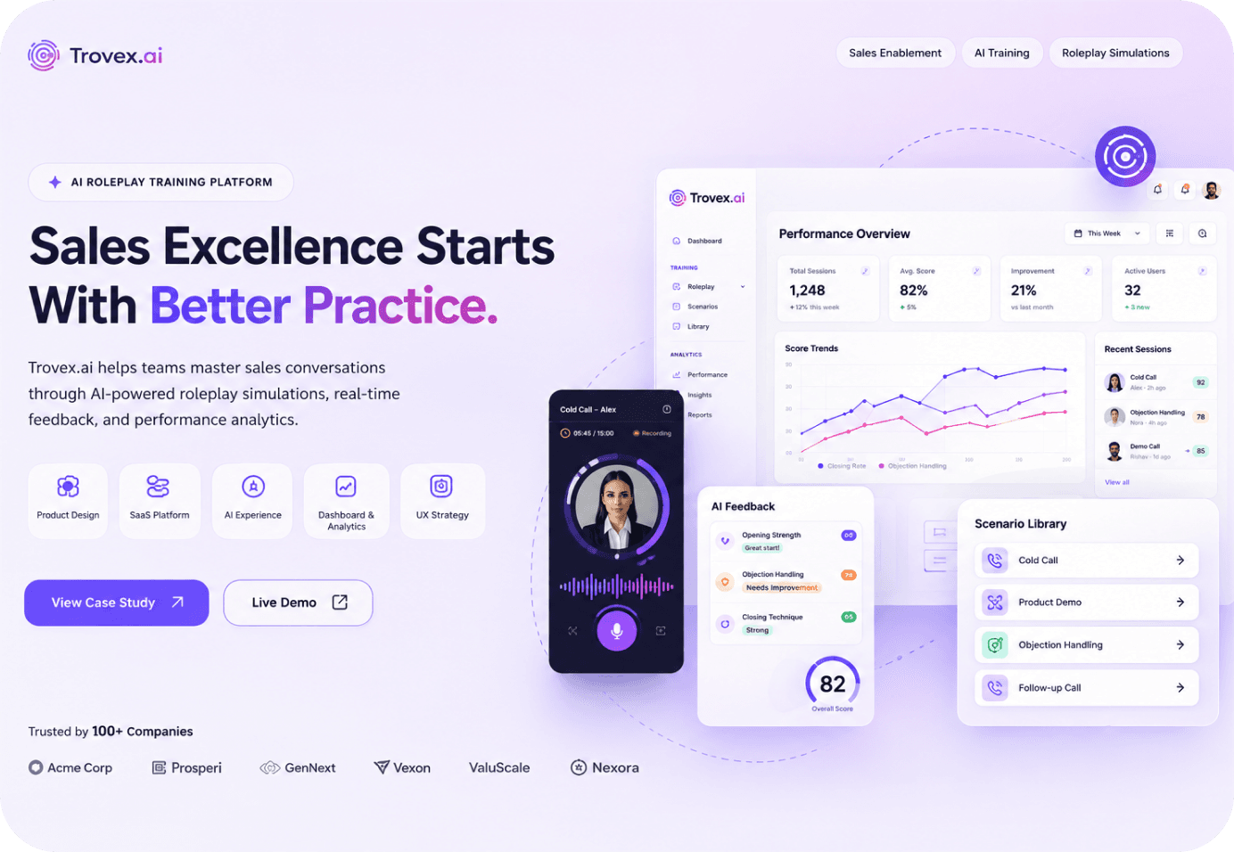 Trovex.ai product — AI roleplay training platform dashboard and live call UI